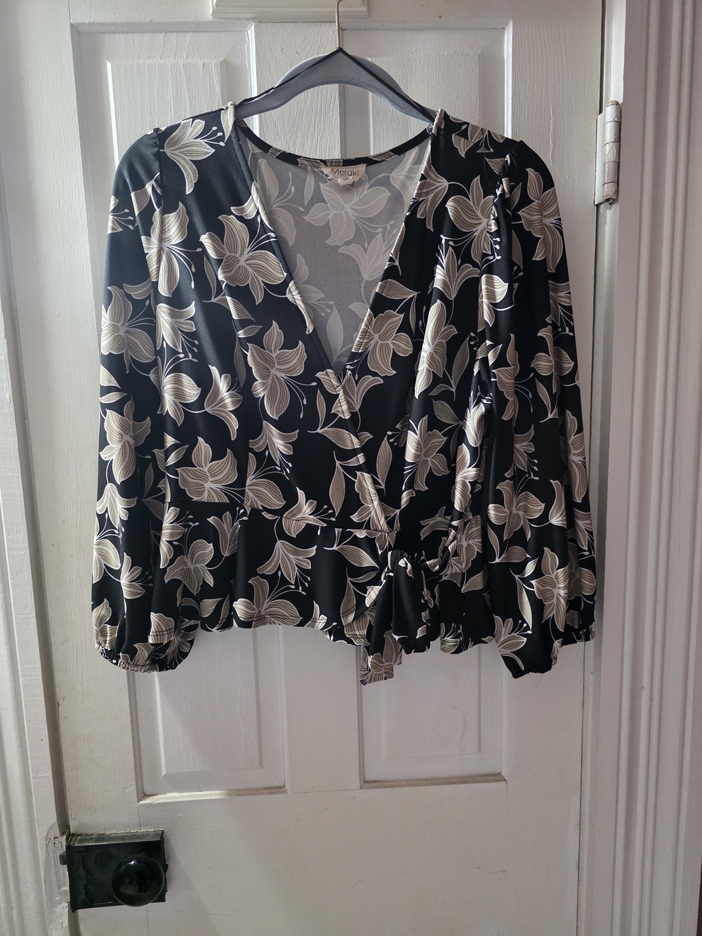 meraki Black Wrap Blouse with Cream Floral Print